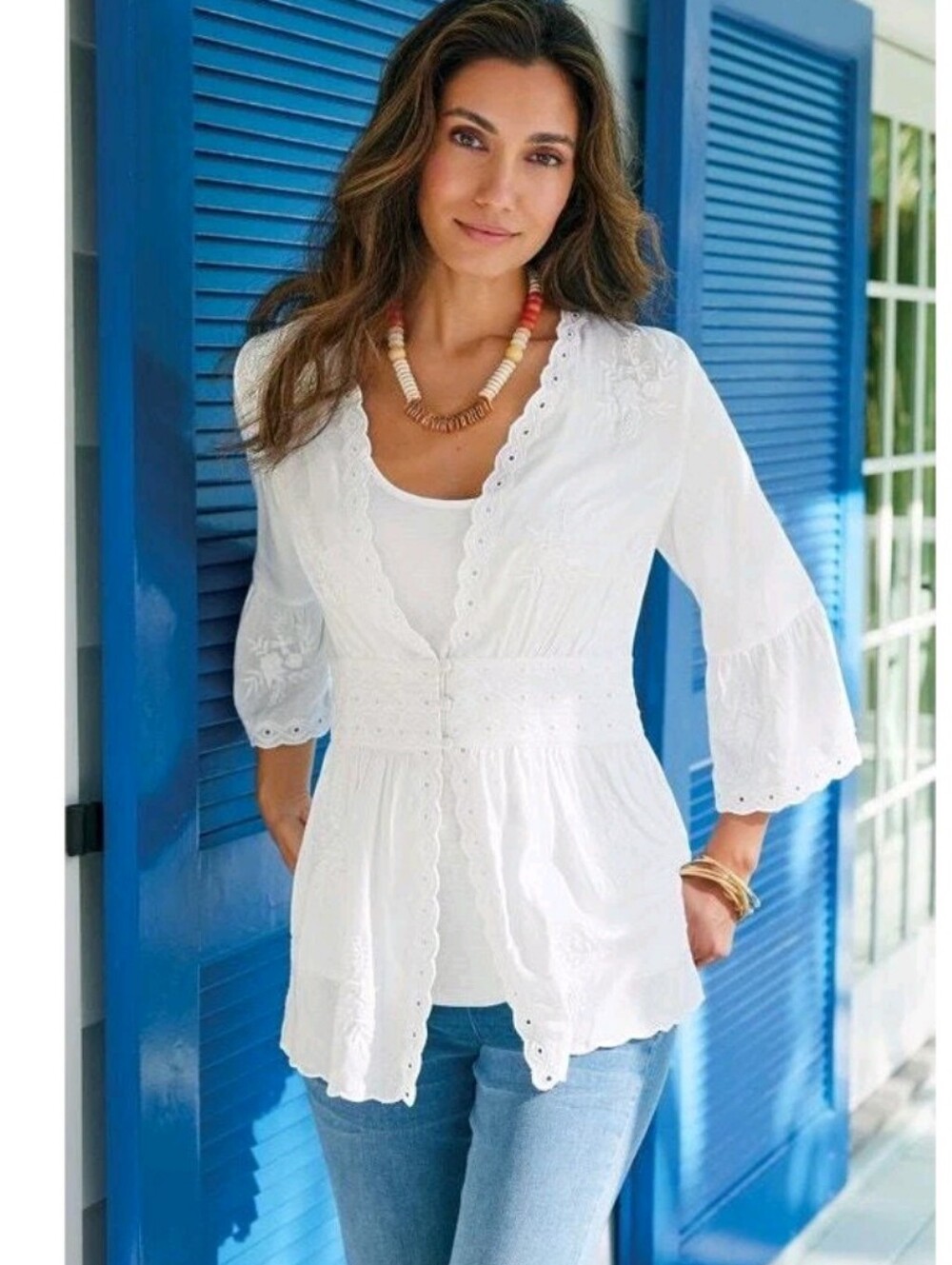 Soft Surroundins White Embroidered Cotton Tunic V Neck Shacket #3876